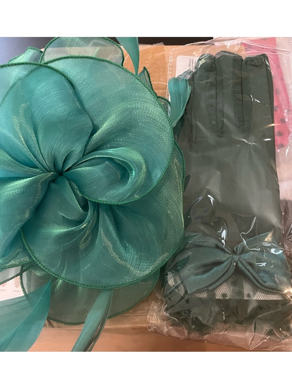 Green Floral Fascinator Headpiece with Matching Gloves